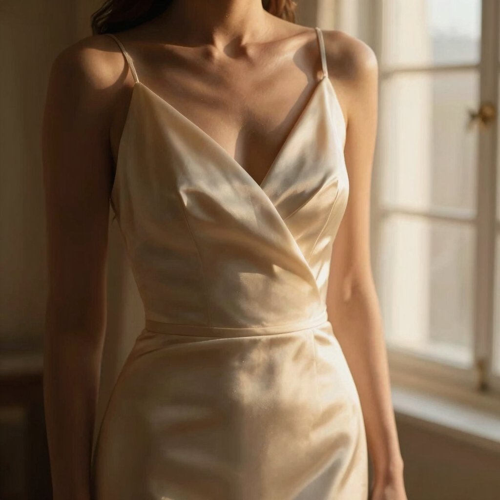 Luxury editorial photography, close-up of a bride in a champagne-toned silk gown, soft golden-hour window light, shallow depth of field, elegant and cinematic composition