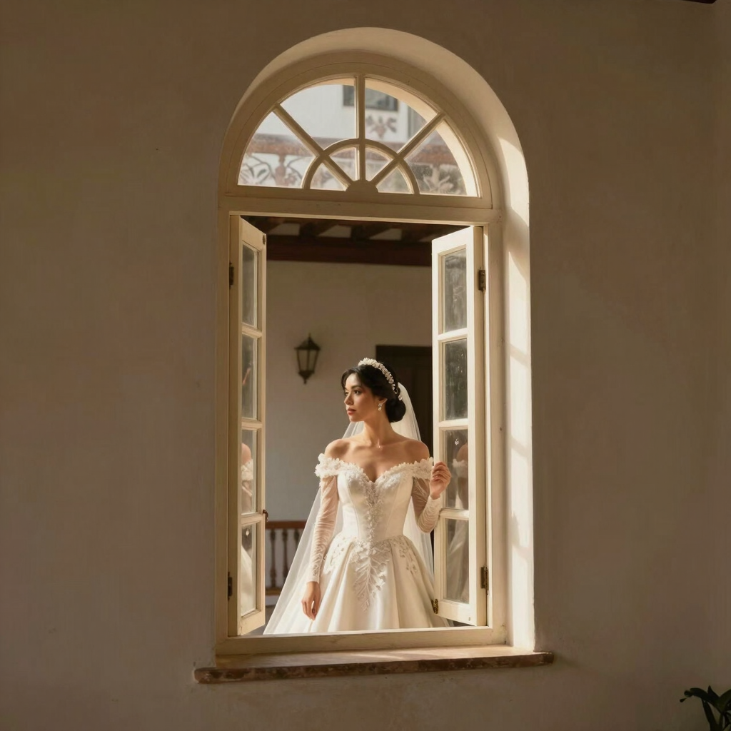 A stunning bride looking out a tall arched window of a historic colonial estate in Honduras, soft window light illuminating her face, rich contrast, timeless elegance