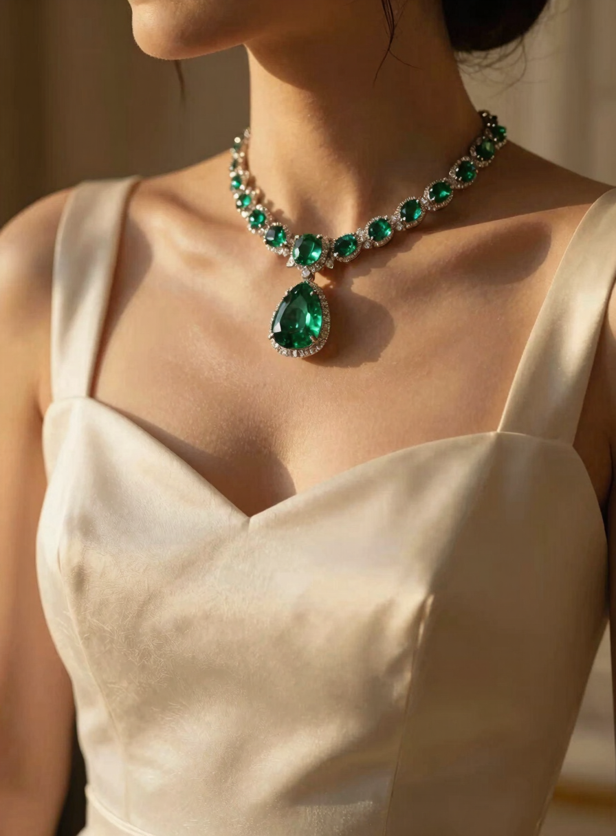 Cinematic close-up of a bride's emerald jewelry and silk dress texture, warm golden hour light, shallow depth of field, luxury editorial