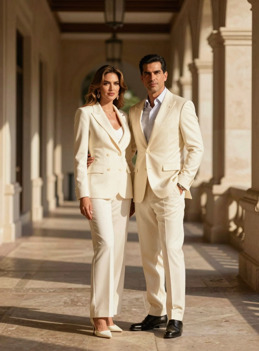 Editorial portrait of a high-society Honduran couple in elegant attire, standing in a grand architectural corridor with dramatic shadows